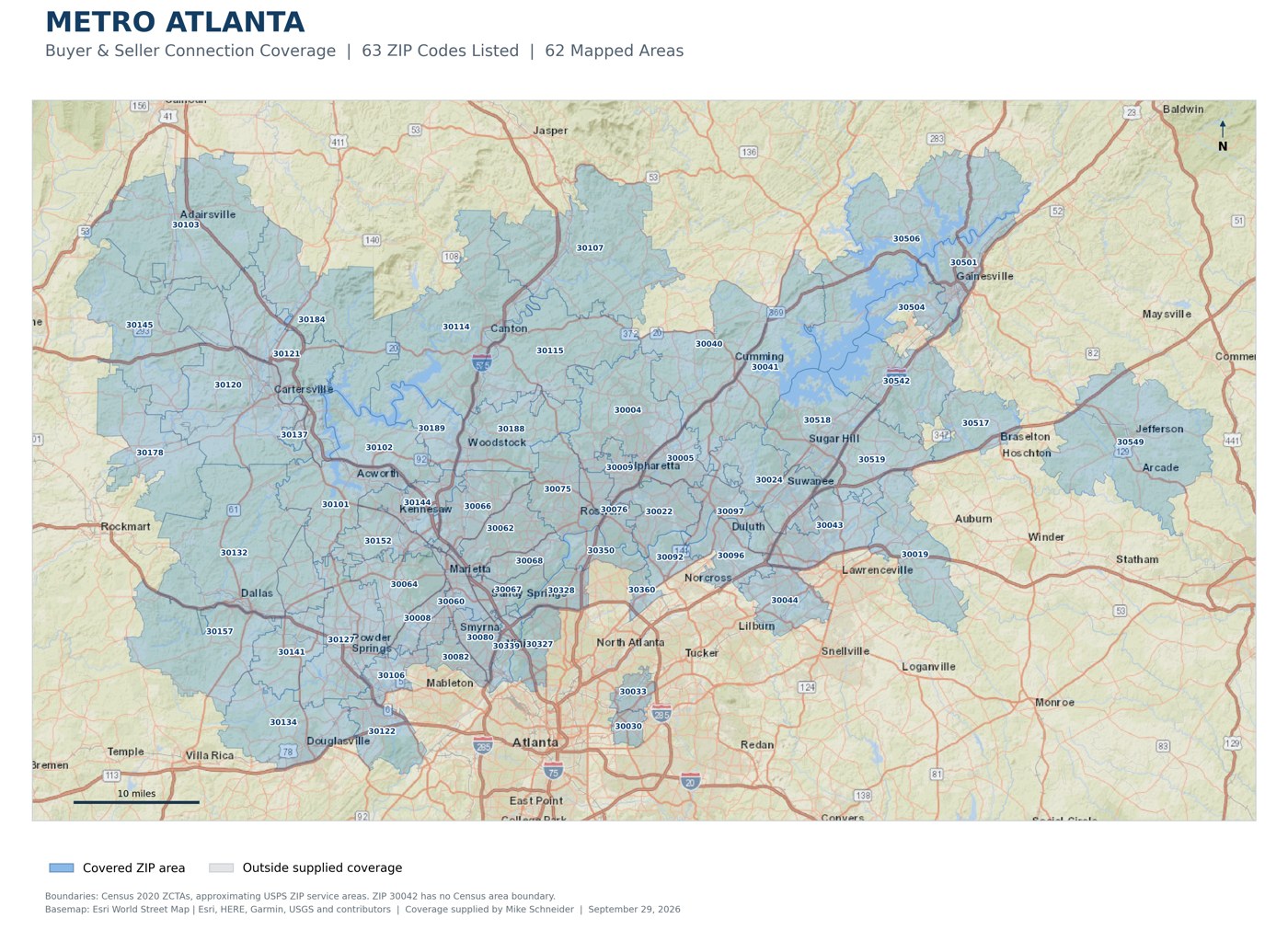 Metro Atlanta Buyer and Seller Connection coverage map. Covered ZIP areas are shaded blue, extending across the northwest and northern suburbs, with selected areas near Atlanta.